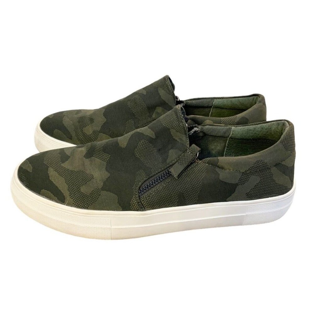 Steve Madden Glaammar Green Camo Slip On Canvas Side Zip Loafers Womens Size 9M